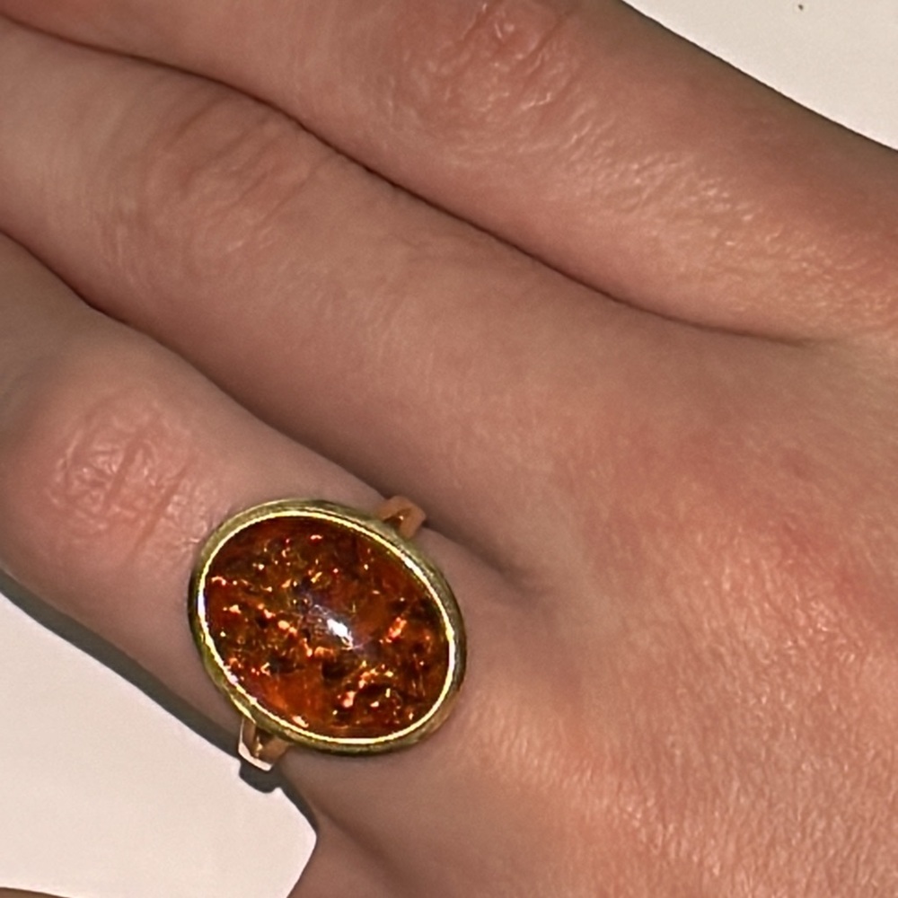 Solid 14K Yellow Gold Natural Oval Baltic Amber Ring Vintage Estate